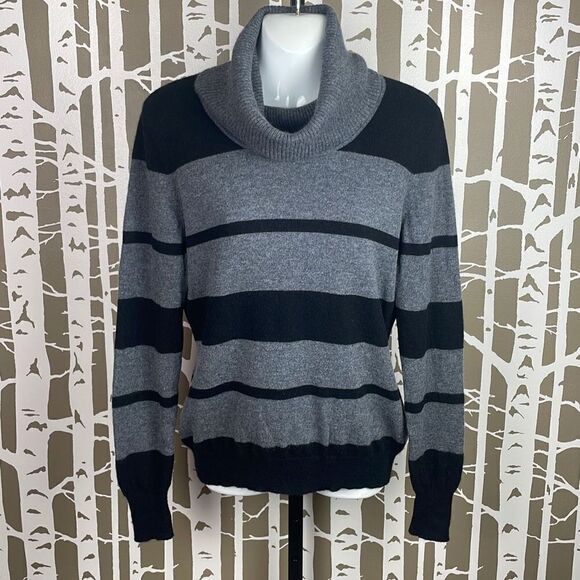 Cashmere Cowl Neck Striped Sweater L Black & Gray - Picture 2 of 9